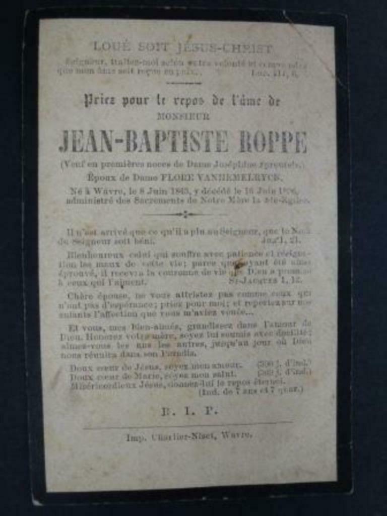 carte mortuaire Roppe Jean Baptiste  Wavre 8 juin 1843 + Wa, Envoi, Carte de condoléances