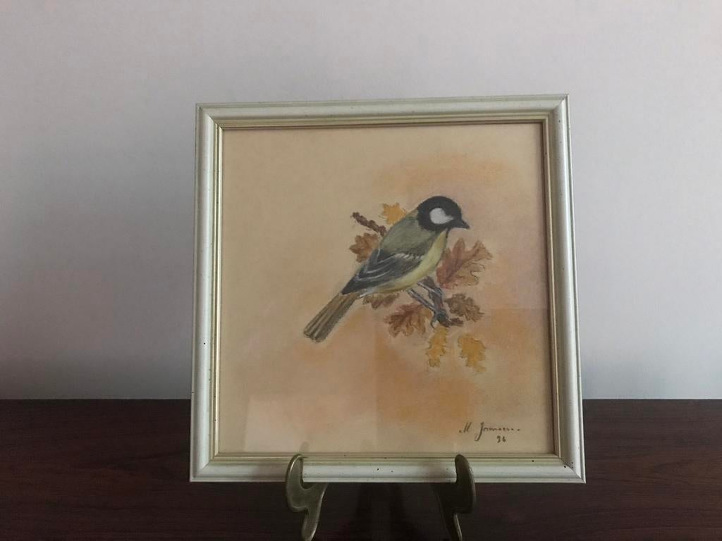 Lijst kader tekening koolmees vogel achter glas gesigneerd, Antiek en Kunst, Ophalen of Verzenden