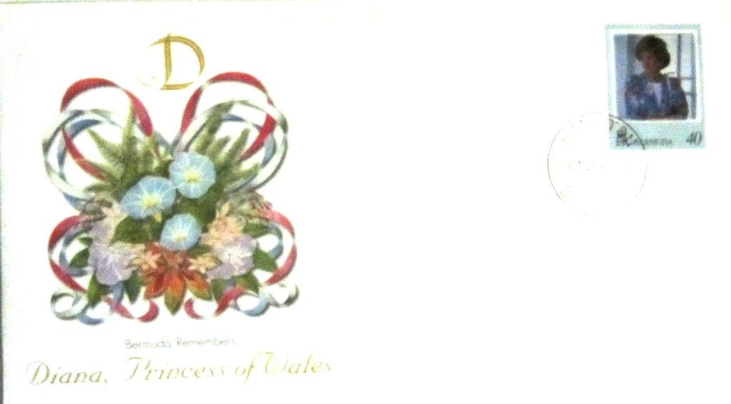 GROTE FDC- PRINSES DIANA MET POSTZEGEL BERMUDA, Ophalen of Verzenden, Gestempeld, Koningshuis