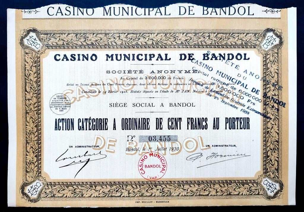 Casino Municipal de Bandol 1930, Ophalen of Verzenden, 1920 tot 1950, Aandeel