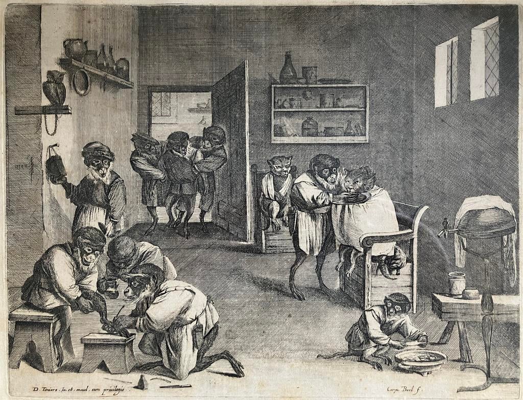 Gravure Coryn Boel (1620-1664) Kapperszaak voor apen, Antiek en Kunst, Ophalen of Verzenden
