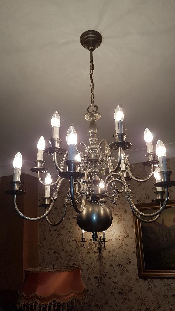 LUSTRE VINTAGE EN ÉTAIN AVEC 2 APPLIQUES, Enlèvement, Utilisé, Métal, Vintage eind de jaren 1950