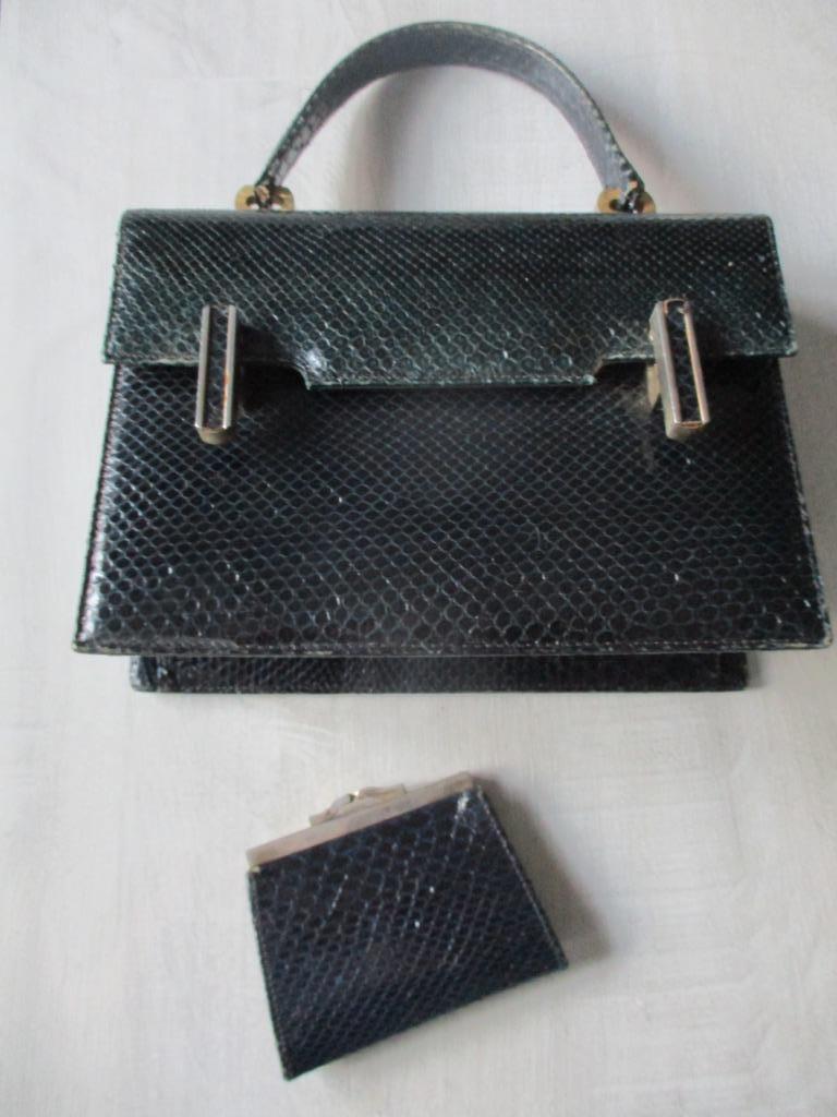 sac à main vintage en cuir de serpent + porte-monnaie, Ophalen of Verzenden, Gebruikt, Groen, Handtas