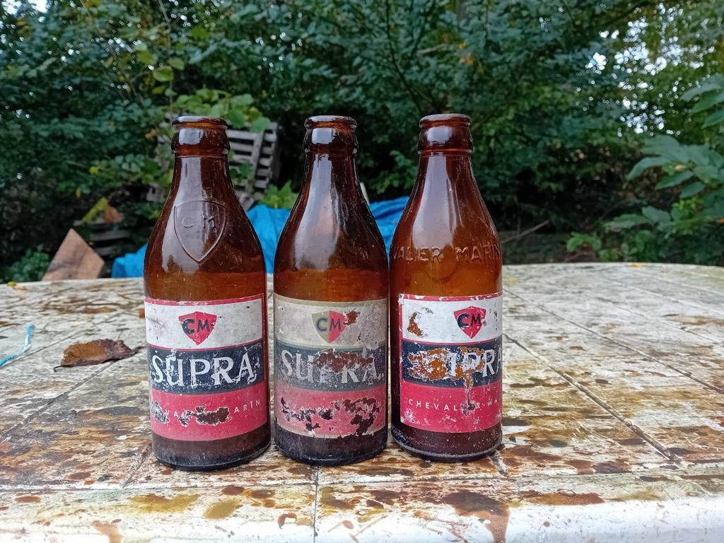 Oude vintage bierflessen brouwerij Chevalier Marin Mechelen, Verzamelen, Ophalen of Verzenden, Gebruikt