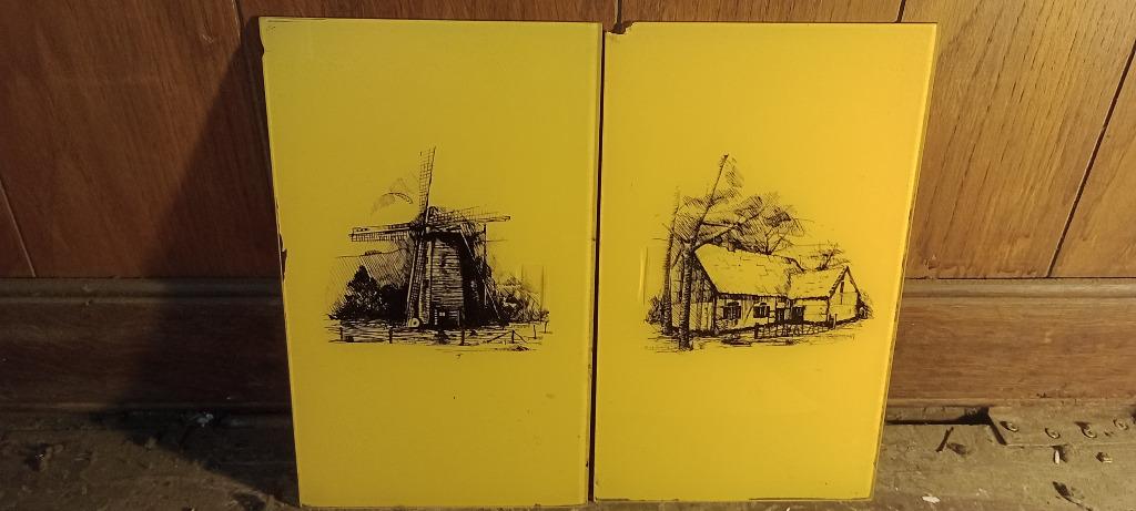 Diptiek: 2 gele glasgravures van Frans Duwel, n246, Antiek en Kunst, Kunst | Etsen en Gravures, Ophalen of Verzenden, Gravure