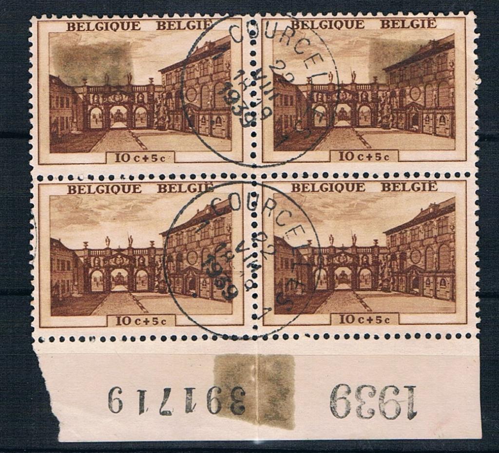 OCB 504 Bloc 4 avec inscription en bordure, oblit Courcelles, Enlèvement ou Envoi, Affranchi, Autre, Avec timbre
