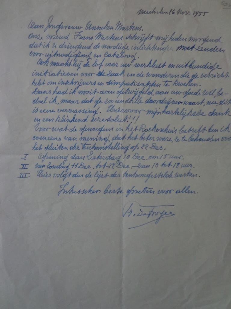 Eigenhandig geschreven brief Prosper De Troyer uit 1955, Ophalen of Verzenden