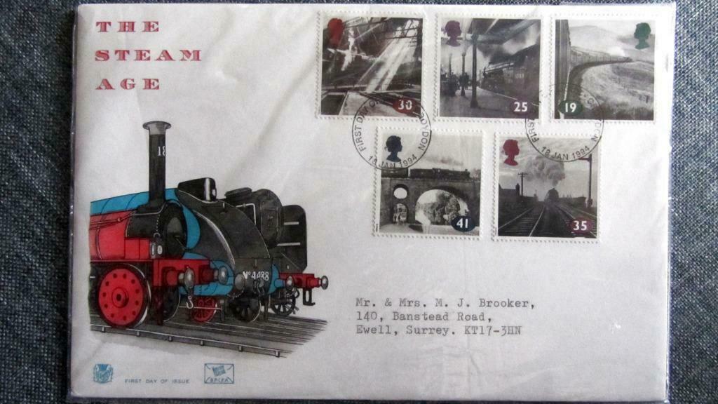 FDC-VERVOERMIDDELEN-TRAM-TREIN-AUTO-KOETS-FIETS-GR.-BRITT., Ophalen of Verzenden, Gestempeld, Treinen