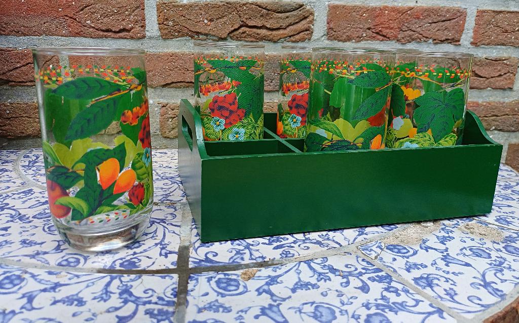 Set van 6 glazen met floraal motief in houten kistje - NIEUW, Huis en Inrichting, Ophalen, Nieuw
