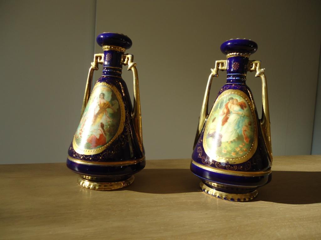 antiek paar ROYAL VIENNA porcelain cobalt gold vase painting, Ophalen