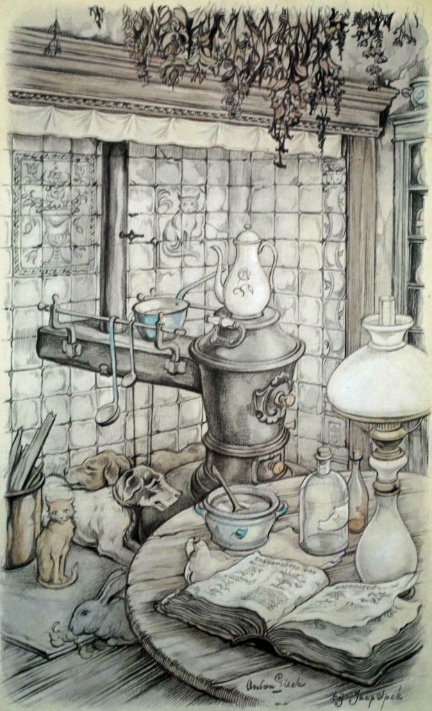 afdruk van tekening  Anton Pieck "bij Jaap Spek", Ophalen of Verzenden, Zo goed als nieuw, Overige onderwerpen, Prent