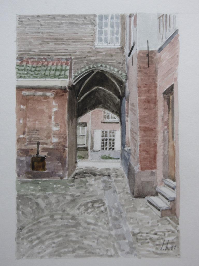 Aquarel "Jezuspoort Begijnhof Mechelen" door L. Boschmans, Antiek en Kunst, Ophalen of Verzenden