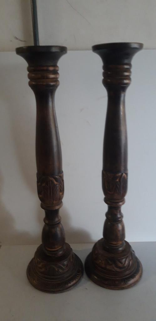 Koppel houten gesculpteerde kandelaars 61 cm, Antiek en Kunst, Ophalen of Verzenden