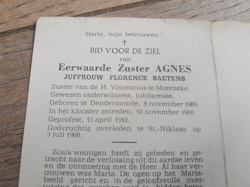Bp zuster Agnes - Moerzeke, 1889-1968 onderwijzeres, Baetens, Ophalen of Verzenden