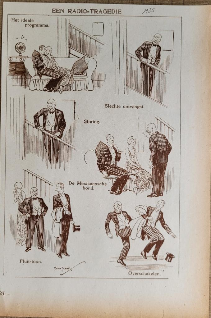 Oude, humoristische prent: Een radio-tragedie (1935), Verzamelen, Gebruikt, Ophalen of Verzenden, Voor 1940, Prent