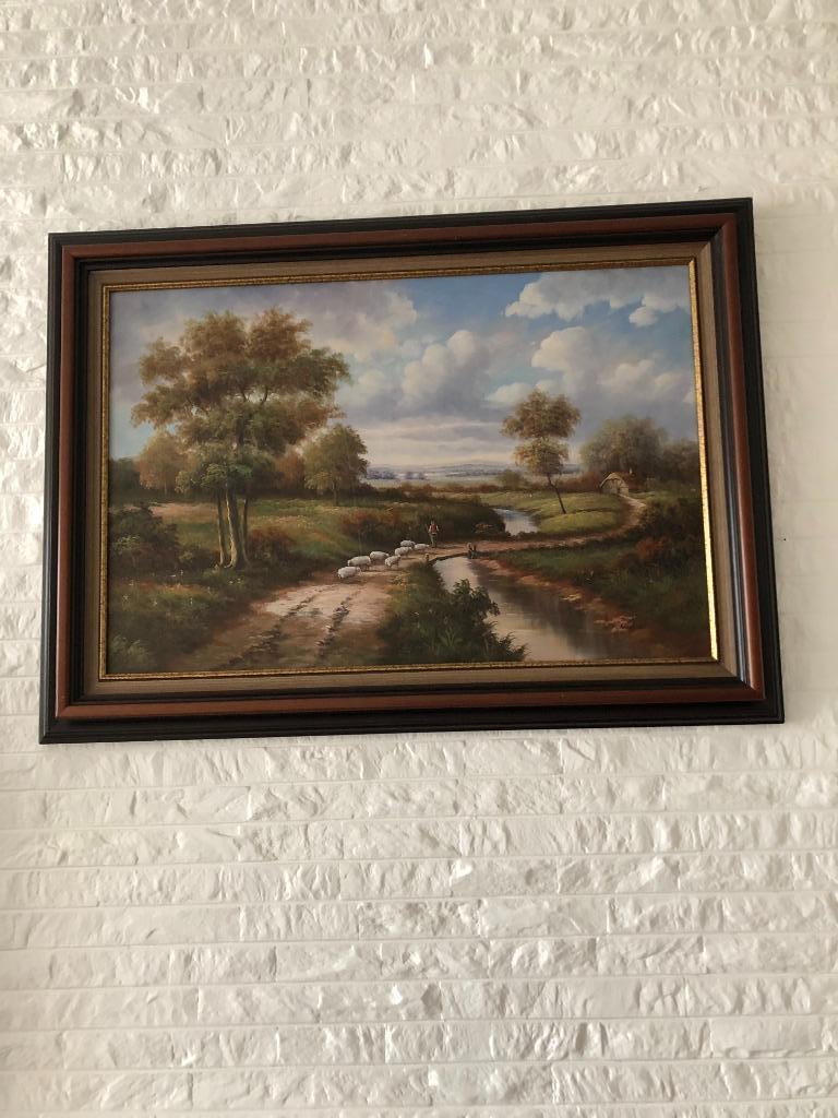 SCHILDERIJ LANDSCHAP MET SCHAPEN, Enlèvement, 75 à 100 cm, Peinture, 75 cm ou plus