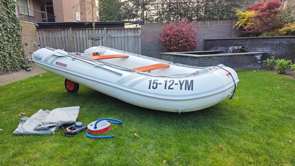 Rubberboot Suzumar DS390Alu + Suzuki 15PK 4-Takt Inruil kan, Watersport en Boten, Ophalen