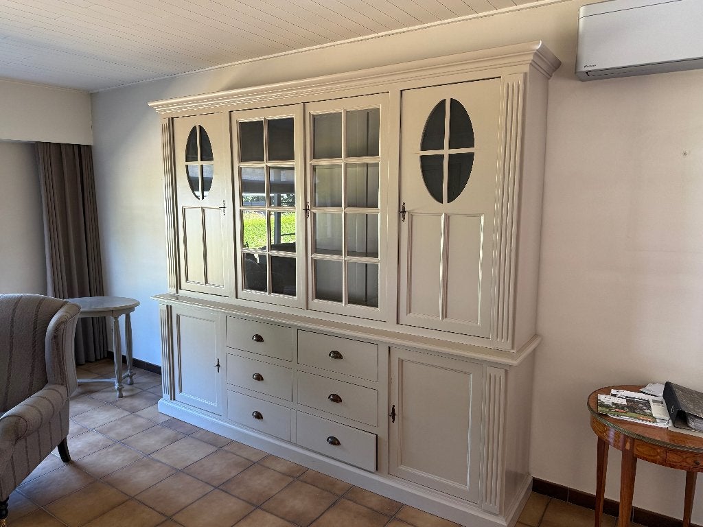 Authentieke landelijke vitrine kast grijs, Ophalen, Gebruikt, 200 cm of meer, Met lade(s)
