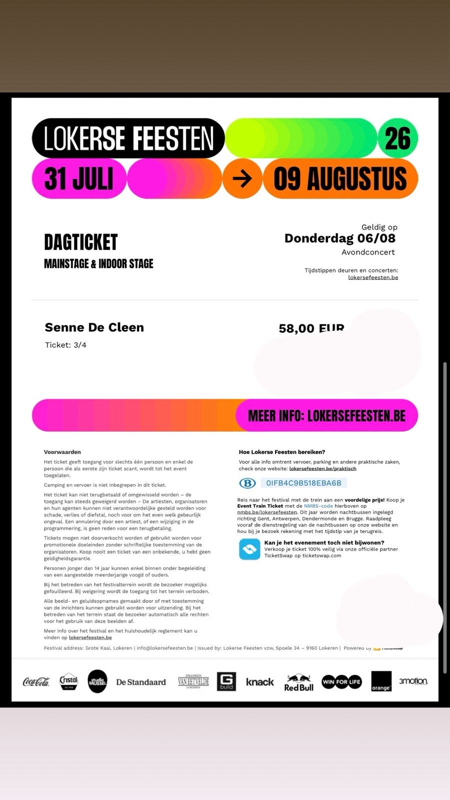 Ticket Lokerse Feesten donderdag 06/08, Tickets en Kaartjes