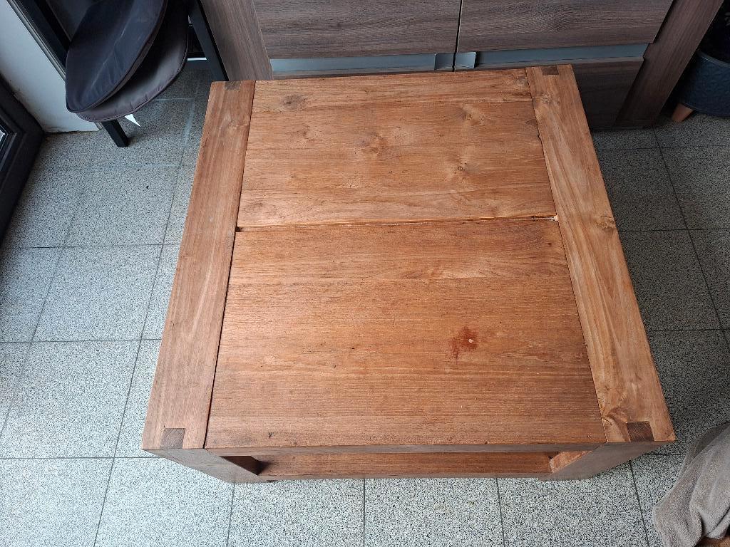 Te koop vierkante teakhouten salontafel met dubbel blad, Huis en Inrichting, Tafels | Salontafels, Gebruikt, Minder dan 50 cm