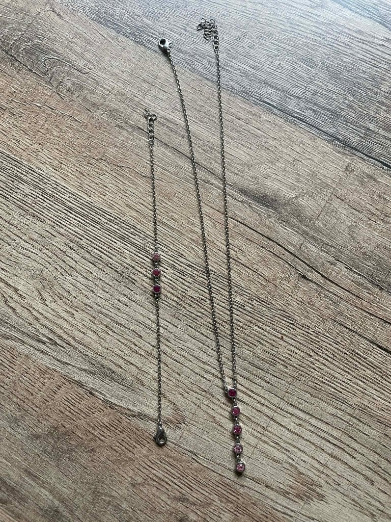 Set halsketting + armband — zilveren en roze stenen, Handtassen en Accessoires, Kettingen, Verzenden, Nieuw, Met edelsteen, Zilver