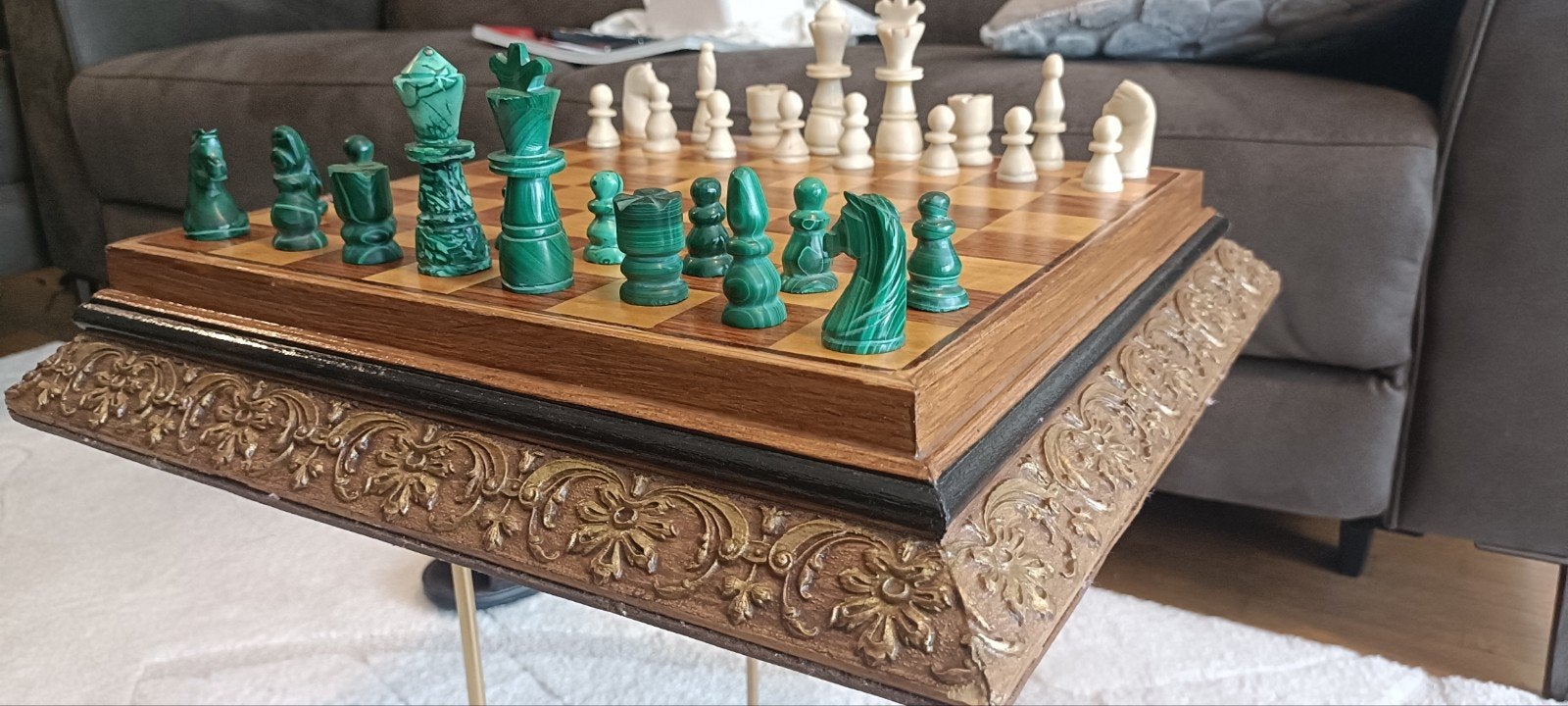 Splendide échiquier Baroque 1930. Pions Malachite  marbre., Enlèvement ou Envoi
