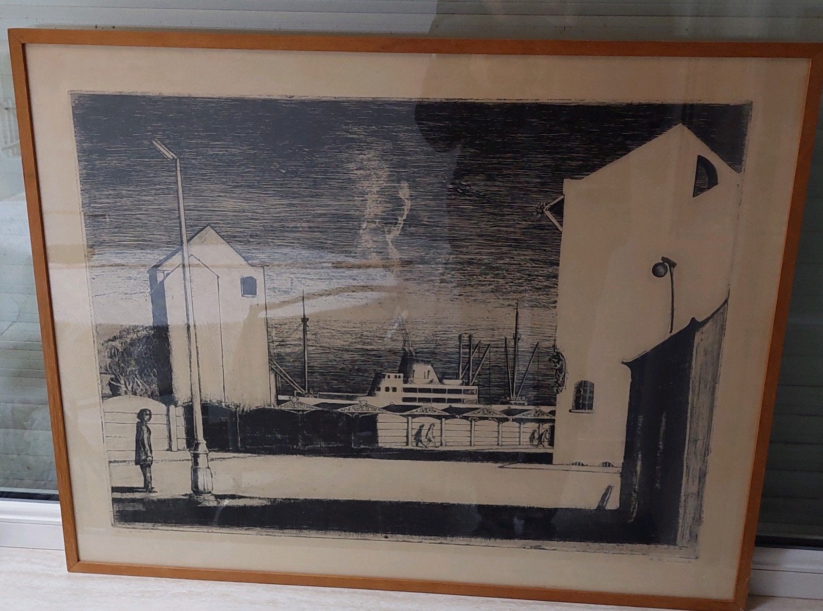 Grafische prent - gestileerd havenzicht - René De Coninck, Antiek en Kunst, Ophalen, Ets, Prent, Achter glas