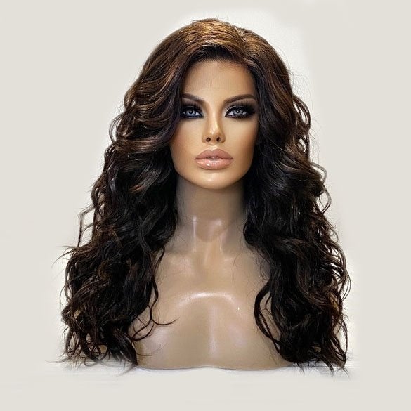 Swiss lace pruik lang bruin haar beach wave krullen model Ca, Ophalen of Verzenden, Nieuw