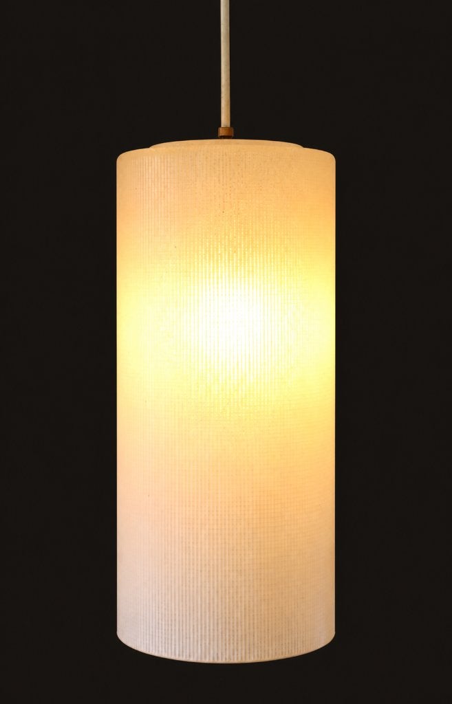 vintage cilinder hanglamp geribbelde witte glazen kap, Enlèvement ou Envoi