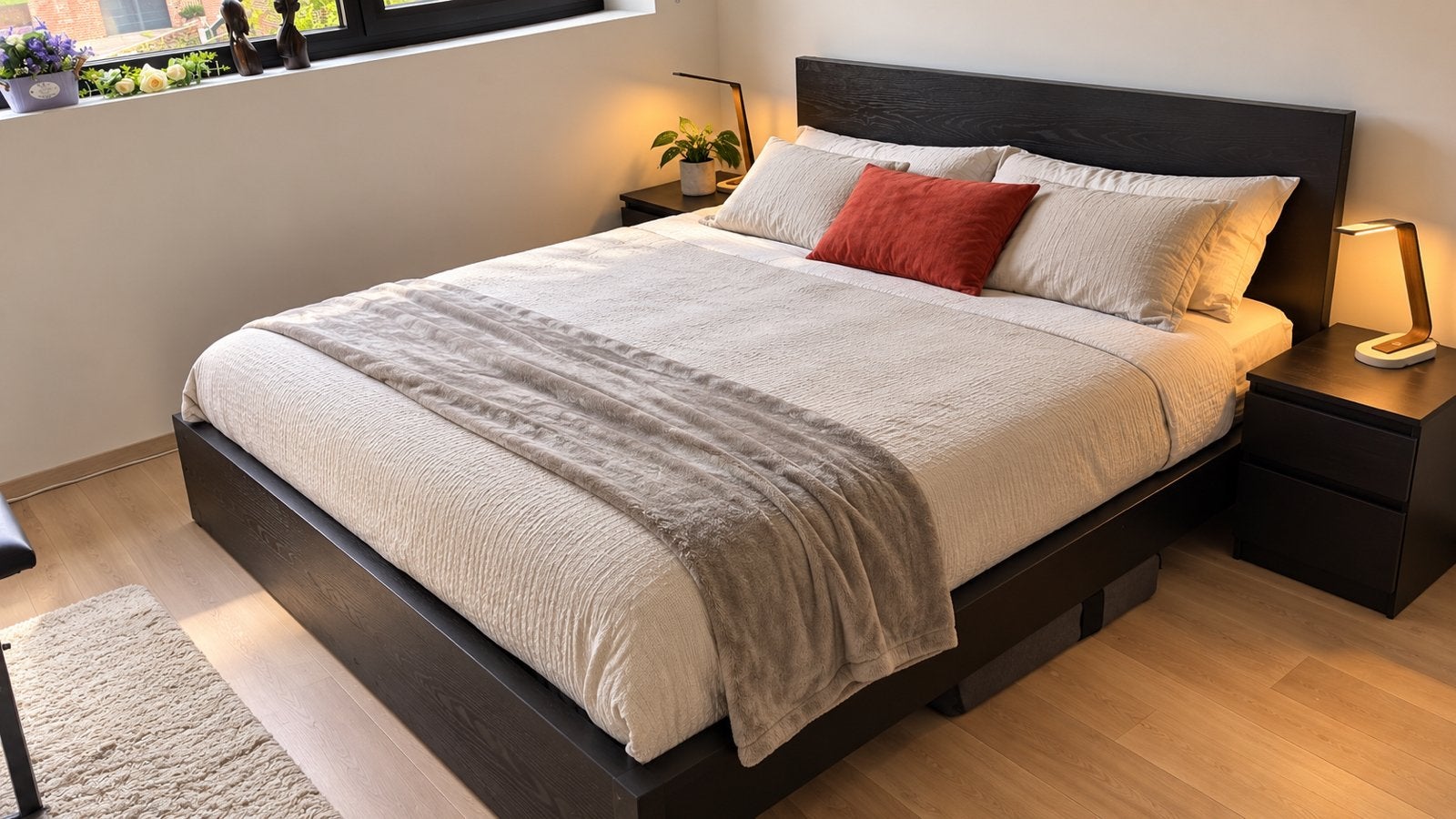 IKEA tweepersoonsbed – Donker hout – 175 x 210 cm, Huis en Inrichting, Ophalen, Zo goed als nieuw, 210 cm