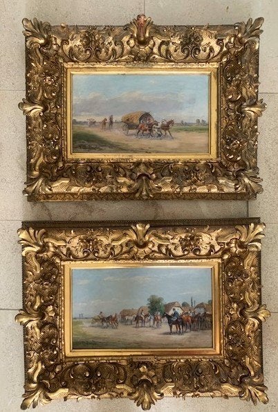 2x Wagon couvert et cavaliers - A. R. Derfla (Vienne 1849 -), Antiquités & Art, Art | Peinture | Classique, Enlèvement ou Envoi