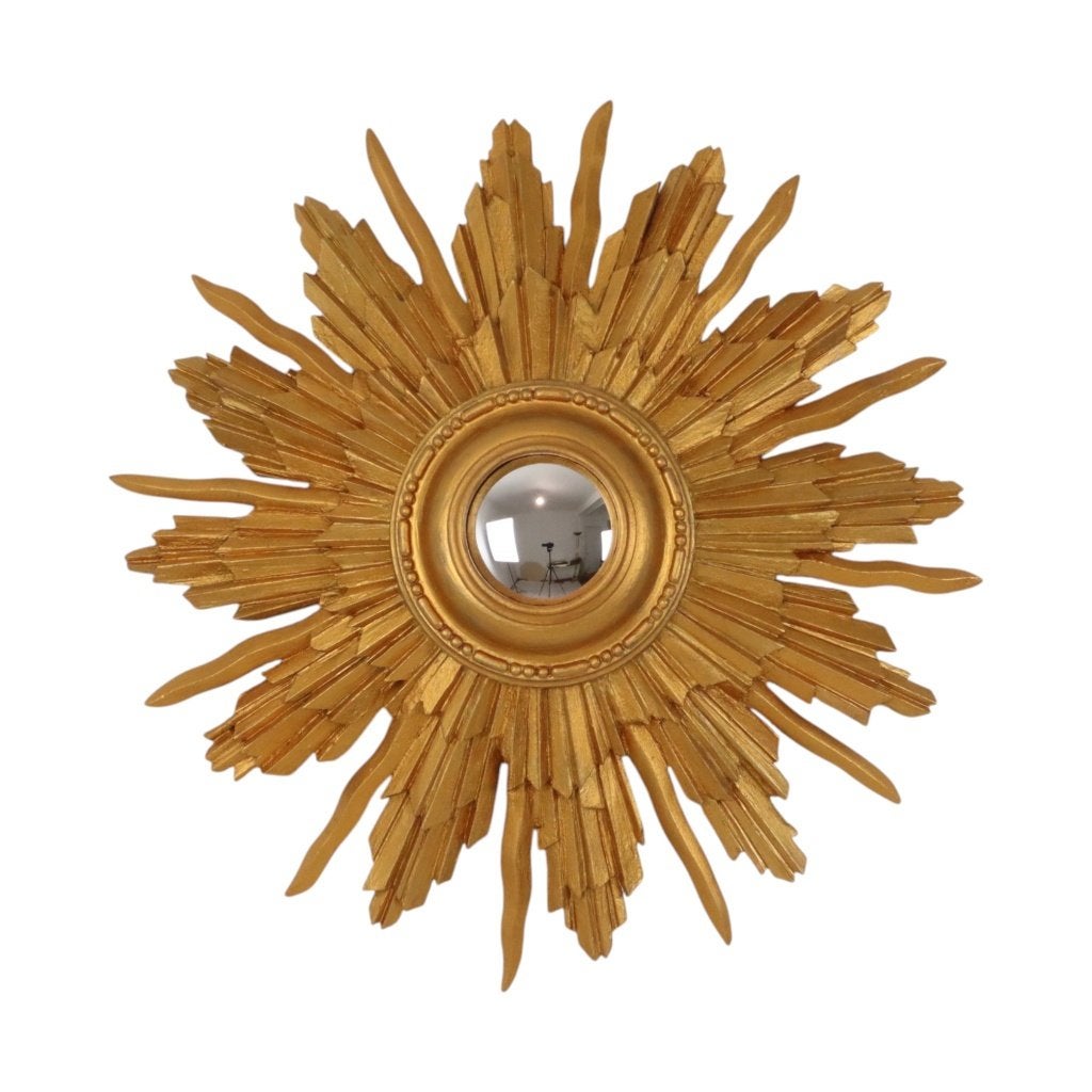 Vintage Houten Zonnespiegel Sunburst Convex Goud 46cm, Huis en Inrichting, Woonaccessoires | Spiegels, Minder dan 50 cm, Gebruikt