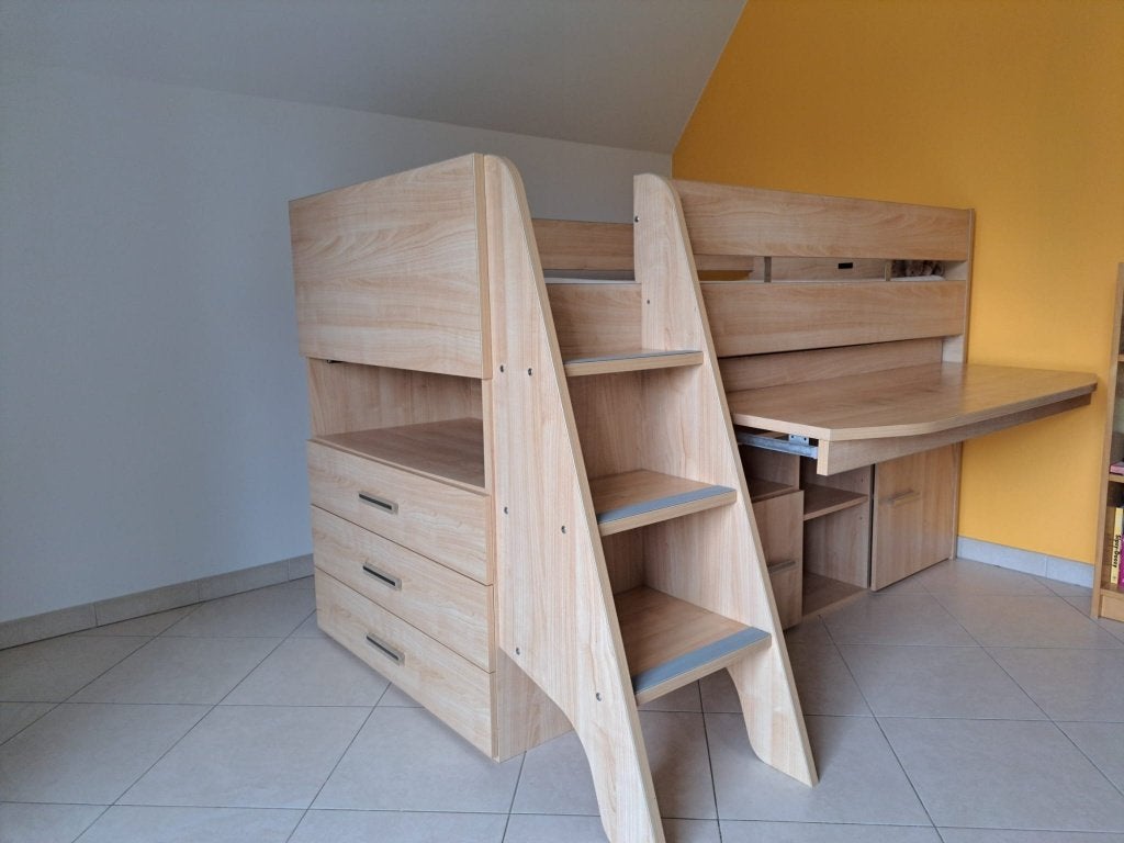 Bed - Hoogslaper met bureau, Ophalen, 100 cm, Hoogslaper, Eenpersoons