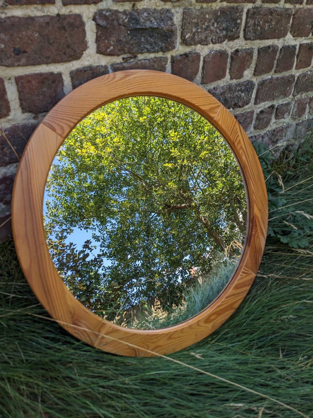 spiegel houten rand, Ophalen, Rond, Zo goed als nieuw, Minder dan 100 cm