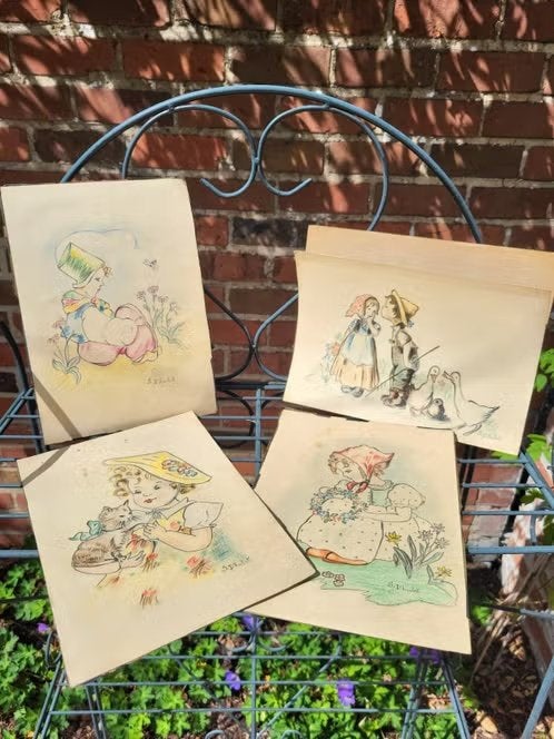 Ensemble de 4 magnifiques dessins vintage pour enfants, Antiquités & Art, Art | Dessins & Photographie, Signé, Enlèvement ou Envoi
