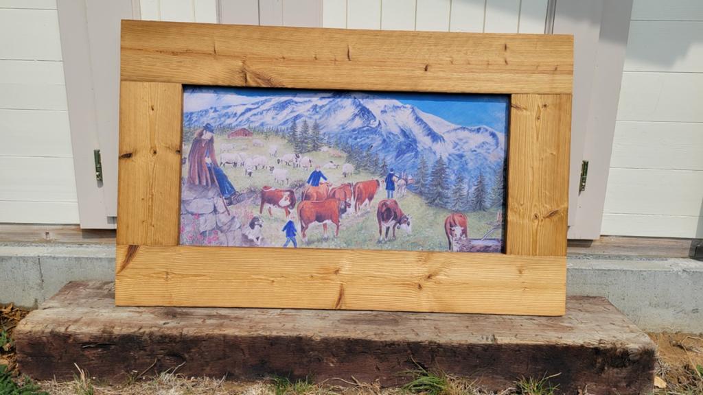 Cadre avec toile imprimée d'un berger dans la montagne, Enlèvement, Utilisé, Bois, 100 à 125 cm