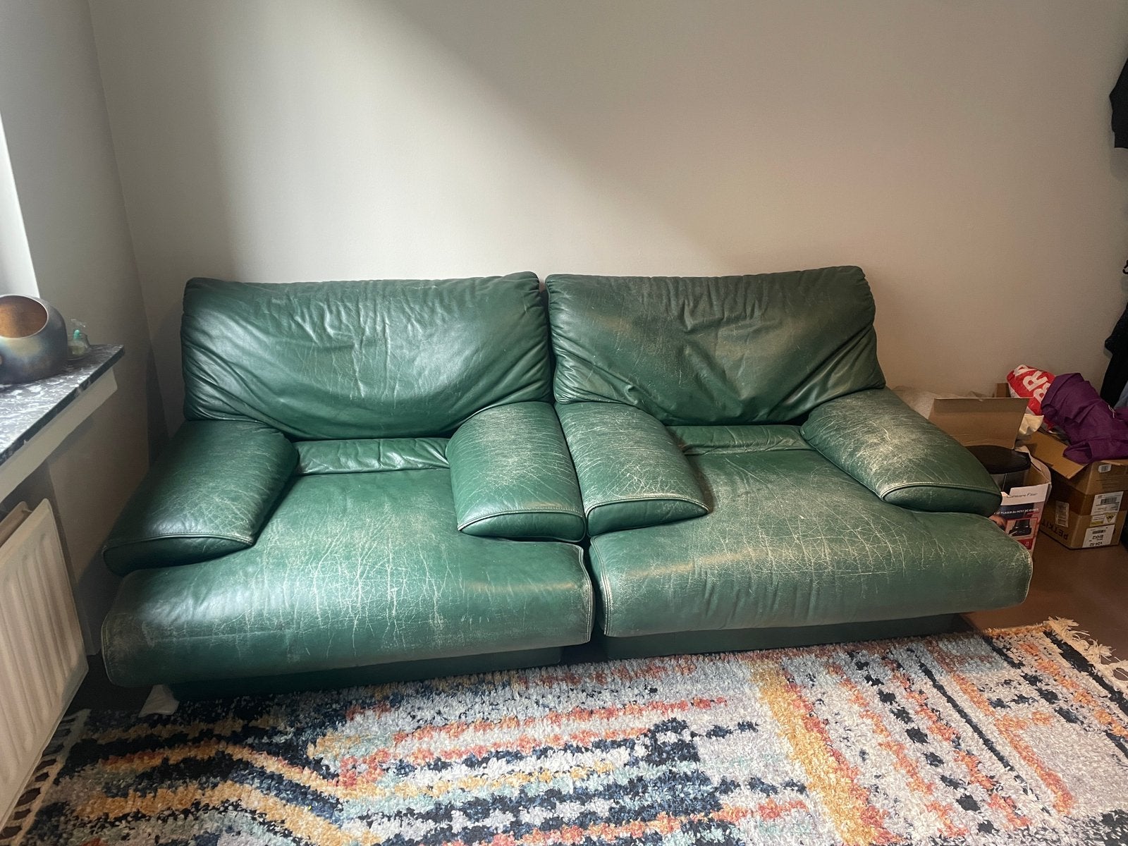2 x groen lederen éénzitzetels, Ophalen, Gebruikt, Eenpersoons, Rechte bank