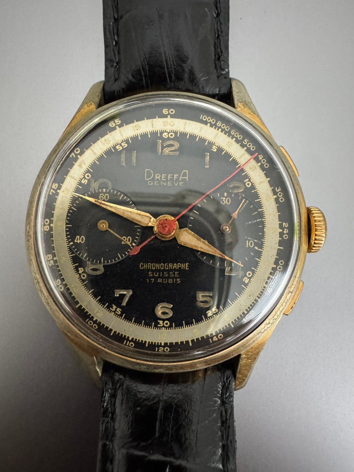 Chronographe Dreffa Genève 17 Rubis – Vintage Suisse, Enlèvement ou Envoi, Doré
