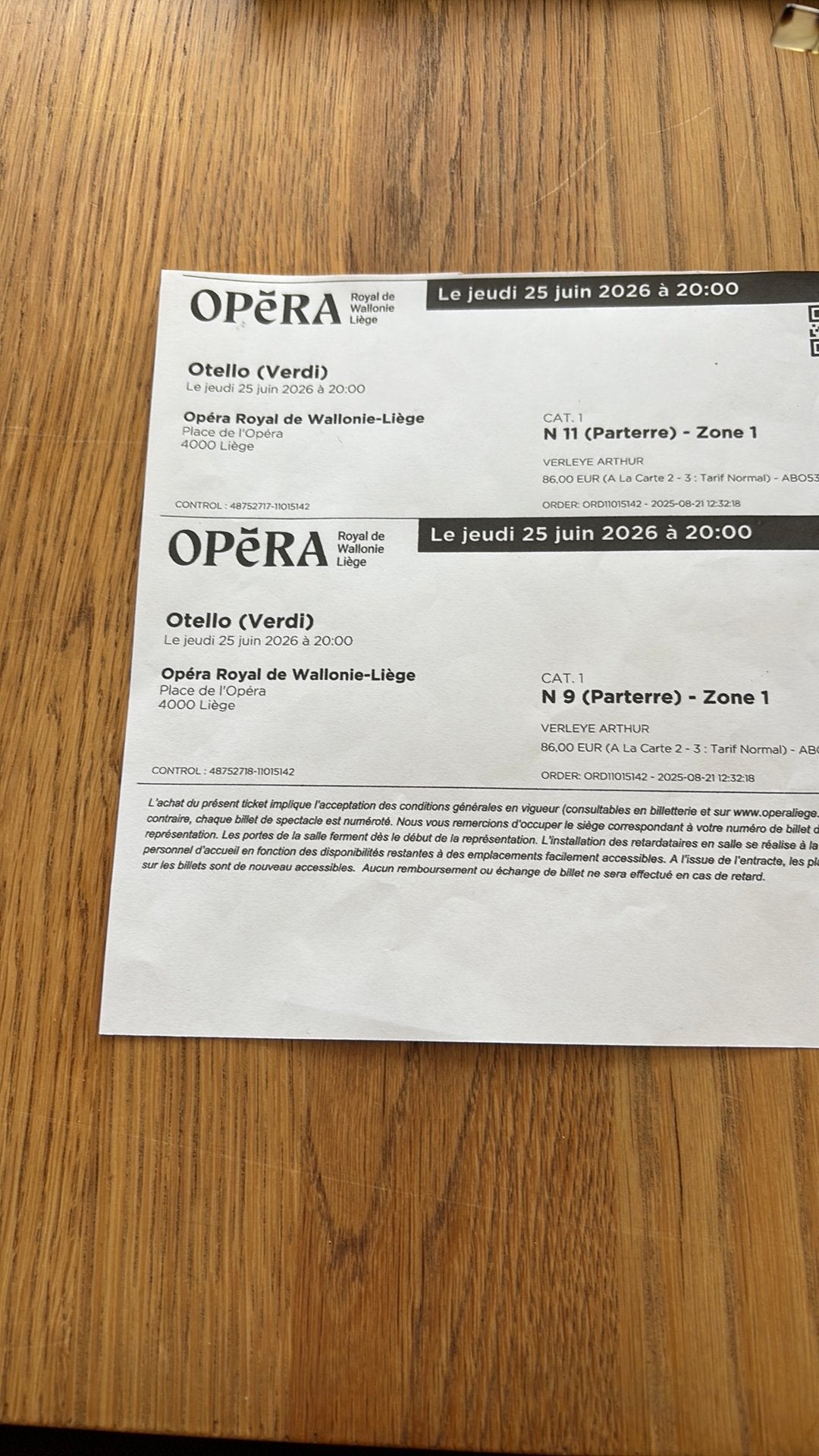 2 places opera liege 26/6 otello, Tickets & Billets, Deux personnes, Juin
