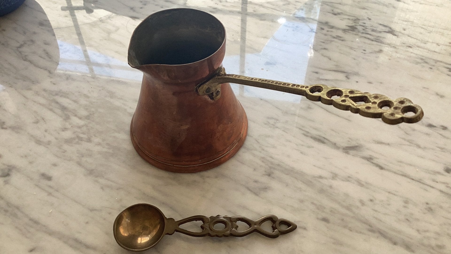Vintage koperen koffiepot met scheplepel, Ophalen of Verzenden