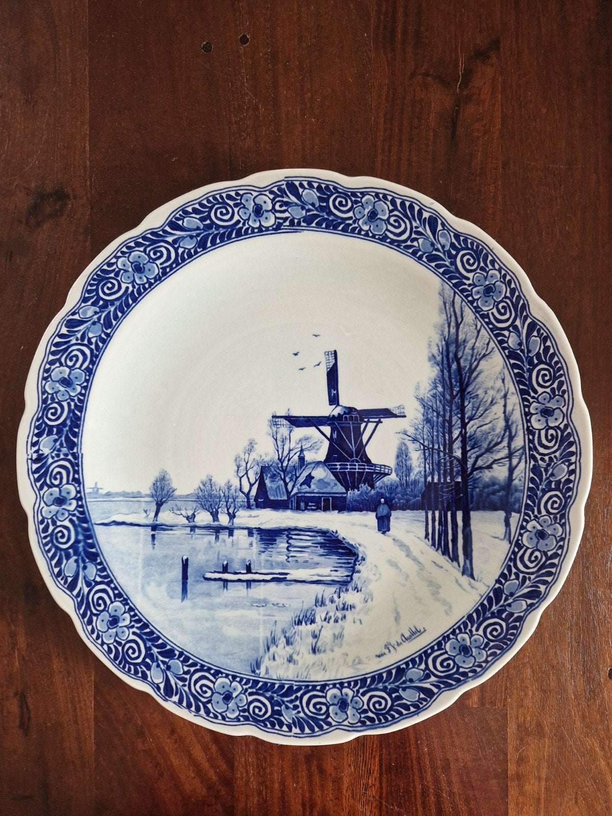 Groot Vintage Delfts Blauw Wandbord (XL - 40 cm) - Royal Sph, Antiquités & Art, Enlèvement
