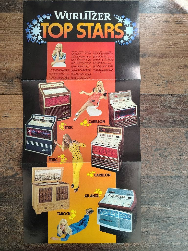 Flyer/ Folder: Wurlitzer Top Stars (1973) jukebox, Ophalen of Verzenden, Wurlitzer