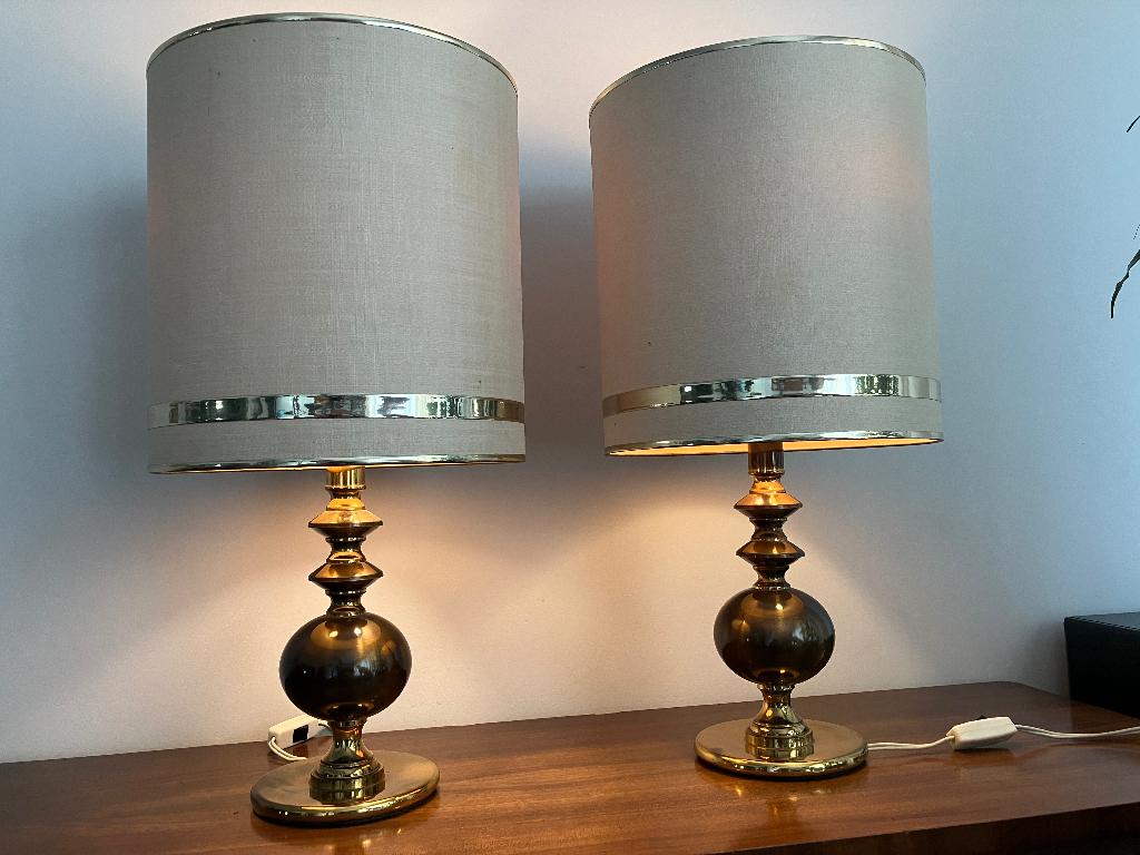 2 identieke vintage  tafellampen, Huis en Inrichting, Lampen | Tafellampen, Gebruikt, 50 tot 75 cm, Stof, Ophalen