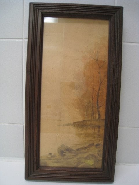 Tekening waterkant met hersttafereel, B 19cm x H 37m, Antiek en Kunst, Kunst | Tekeningen en Fotografie, Ophalen, Tekening