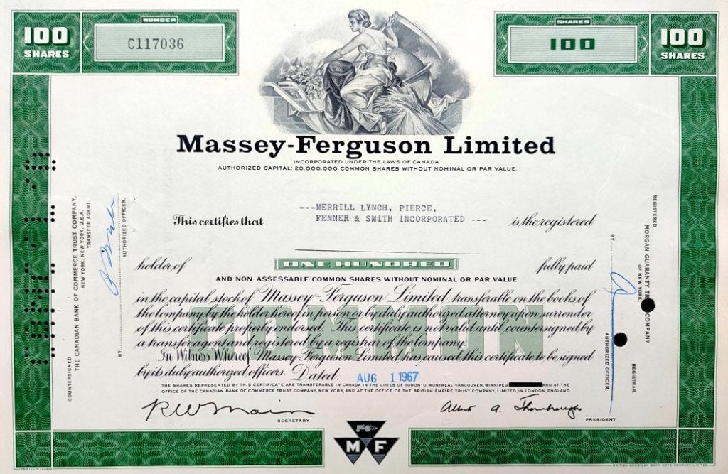 MASSEY FERGUSON (tractoren) 1967, Postzegels en Munten, Aandelen en Waardepapieren, Ophalen of Verzenden, 1950 tot 1970, Certificaat van aandeel