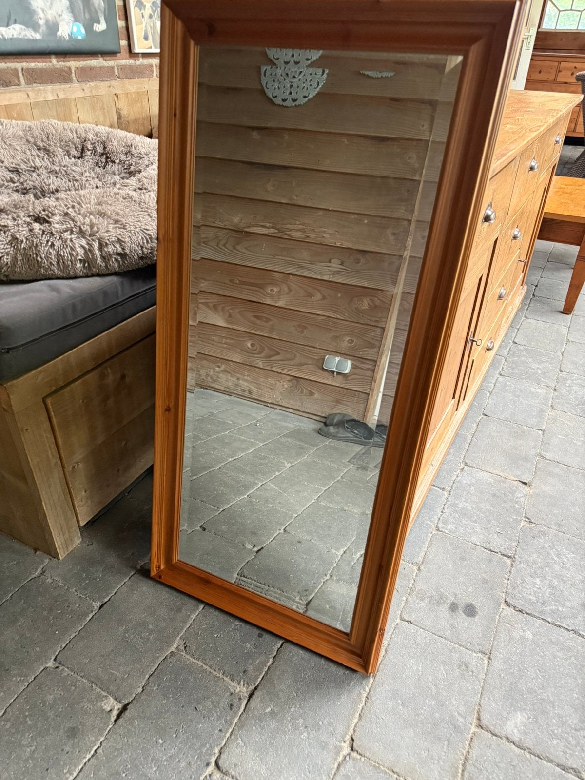 Oud geloogd grenen spiegel, Huis en Inrichting, Woonaccessoires | Spiegels, Ophalen, Gebruikt