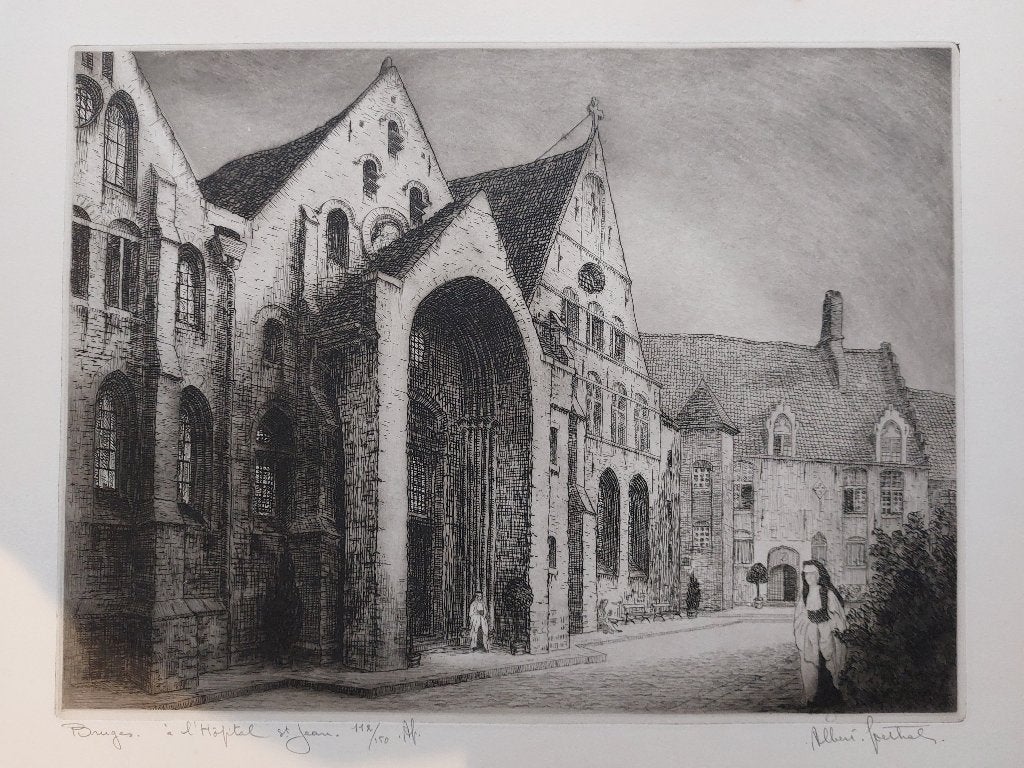 Ets van het hospital St Jan te Brugge, A. Goethals, Signé, Enlèvement, Dessin, Papier