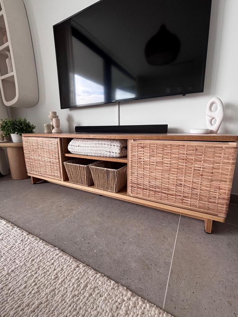 TV-kast 2 deurs en 2 open vakken 157 cm, Ophalen, 150 tot 200 cm, Eikenhout, Minder dan 100 cm