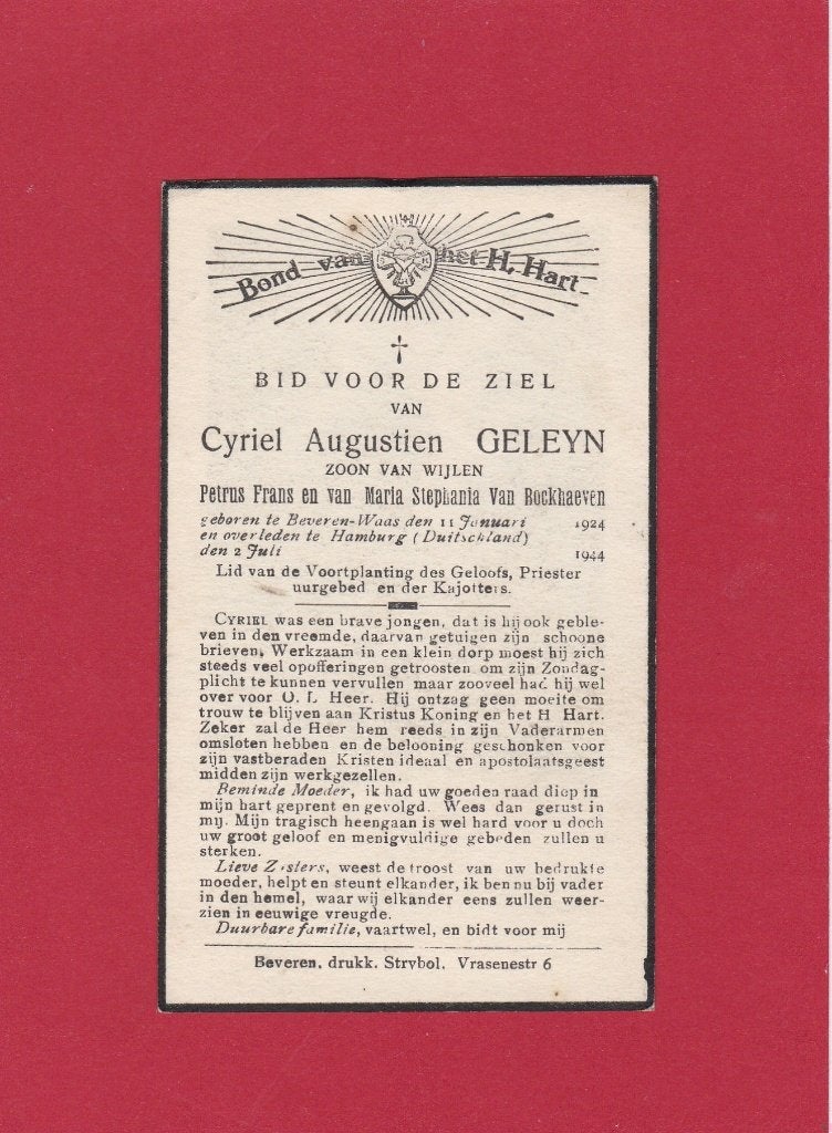 Oorlog Cyriel Geleyn, Collections, Images pieuses & Faire-part, Envoi, Image pieuse