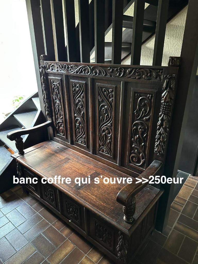 banc coffre en chêne massif sculpté, Antiquités & Art, Enlèvement